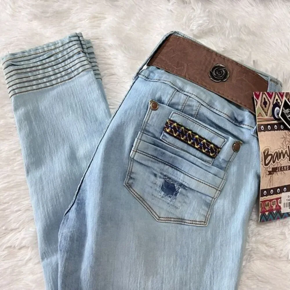 Bambu Women's Jeans‎ Stretch Skinny Destroyed Denim with Belt - 9 US 14 Colombia